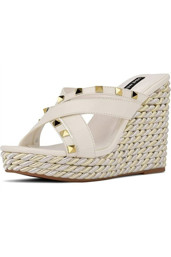 Pipa 3 White Slip On Rounded Toe Multi Strap Embellished Wedge Sandals (White, 9.5)