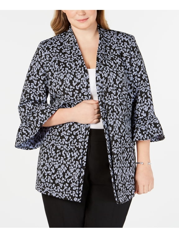 Plus Size Floral Print Bell Sleeve Jacket Black Ice 20W