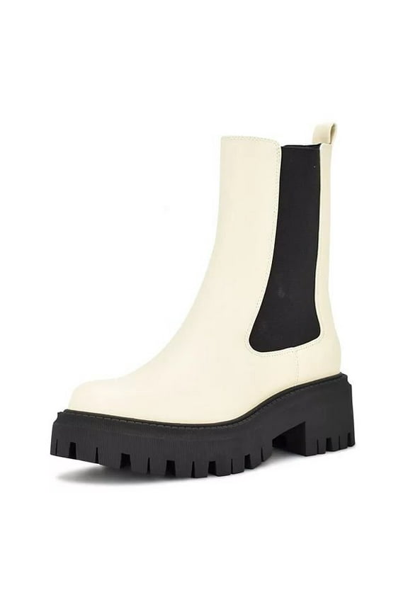 Rives Cream Chunky Lug Sole Pull On Rounded Toe Ankle Fashion Boots (Cream, 5)