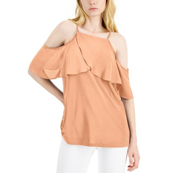 Nine West Ruffled Cold-Shoulder Top Orange Sherbert L
