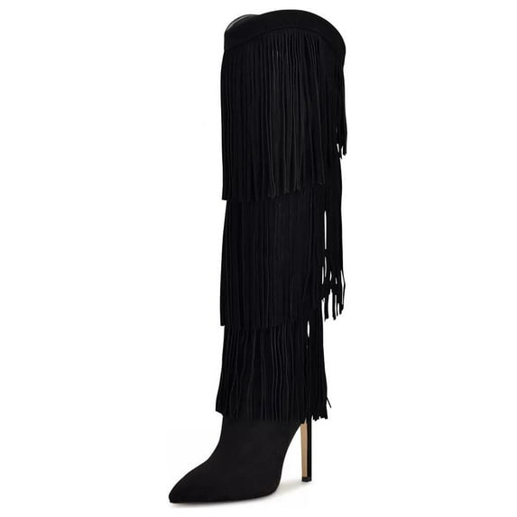 Nine West Tasels Black Pointed Toe Stiletto Heel Fringe Western Knee High Boots (Black, 8)