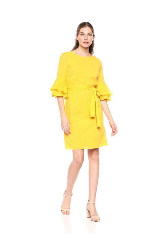 Women's Bell Sleeve V-Back Dress, Saffron, 6