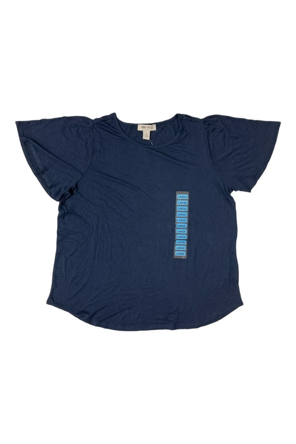 Women's Flutter Short Sleeve Round Hem Crew Neck Shirt (Navy, XS)