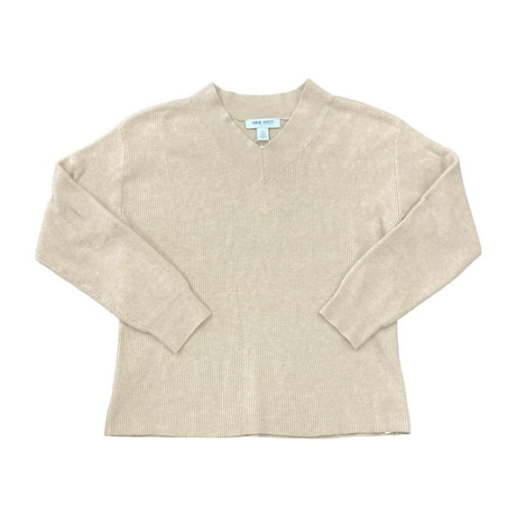 Nine West Women's Long Sleeve V Neck Ribbed Sweater (Almondine, L)