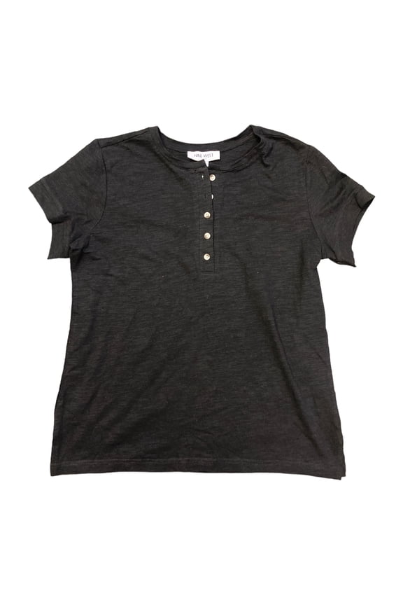 Women's Short Sleeve Front Button Slub Henley Top (Black, XS)