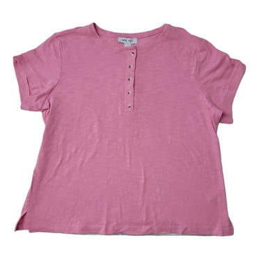 Nine West Women's Short Sleeve Front Button Slub Henley Top (Wild Rose, L)