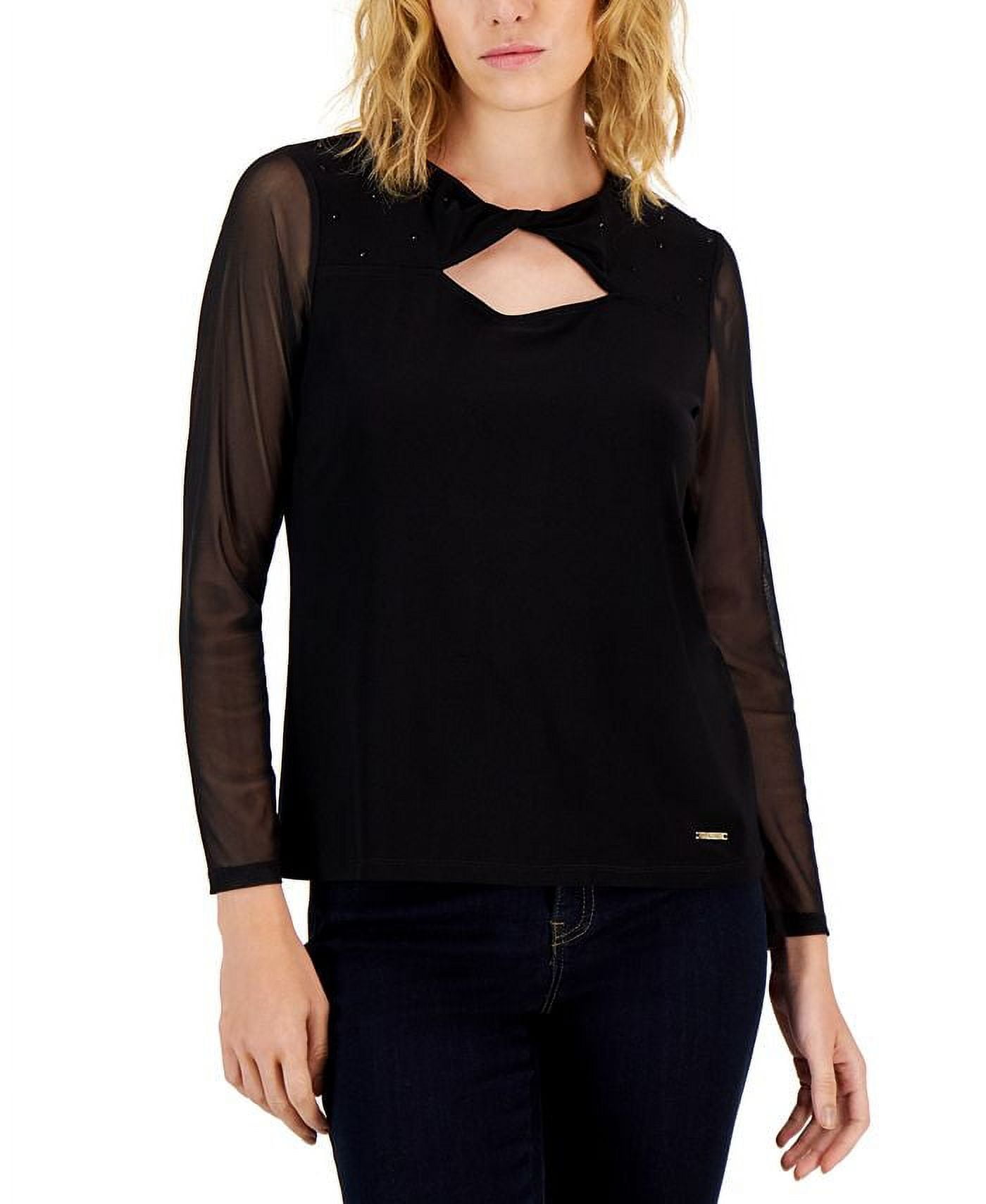Nine West Women's Twist Neck Cutout Long Sleeve Top Black Size