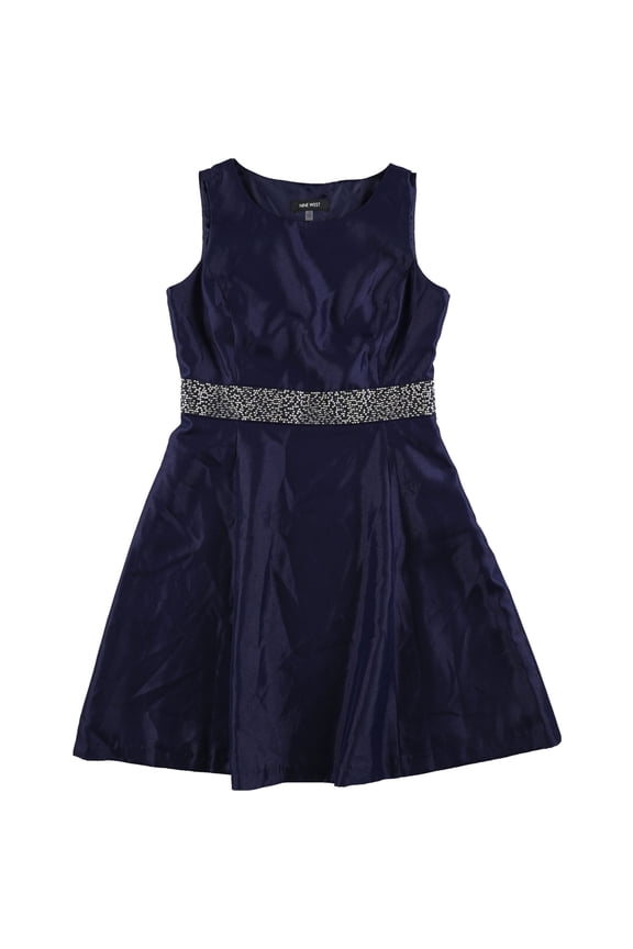 Womens Embellished Waist A-line Dress, Blue, 4