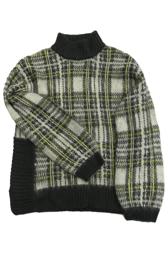Womens Gray Ivory & Yellow Plaid Check Pull-Over Sweater Small