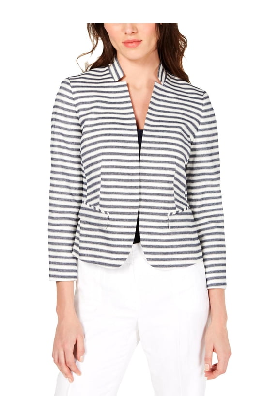 Womens Linen Blend Striped Open-Front Blazer