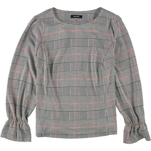 Nine West Womens Plaid Pullover Blouse, Black, Plus Size, 1X
