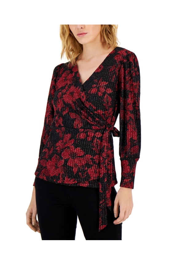 Womens Printed Peplum Faux Wrap Long Sleeve Top Red M