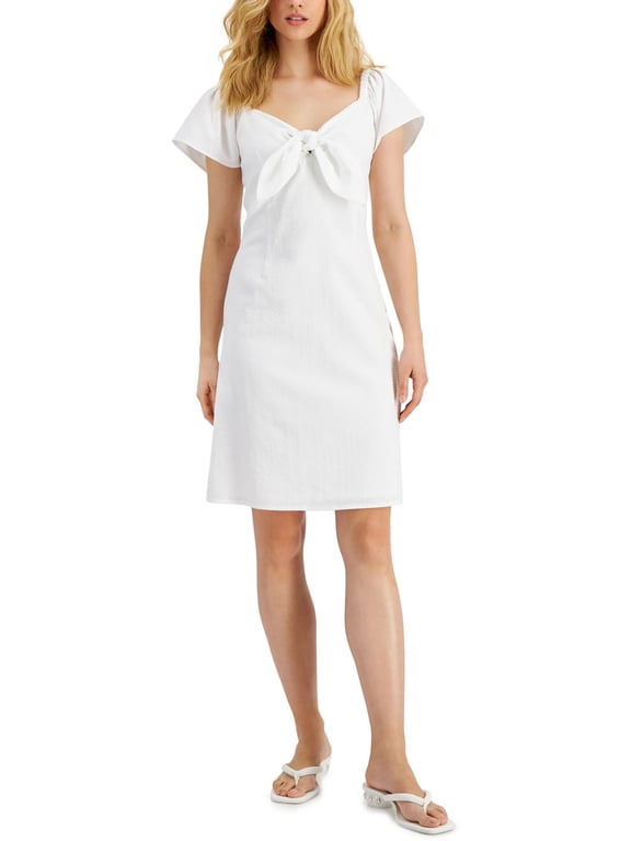 Womens Seersucker Flutter-Sleeve Tie-Front Dress White 14