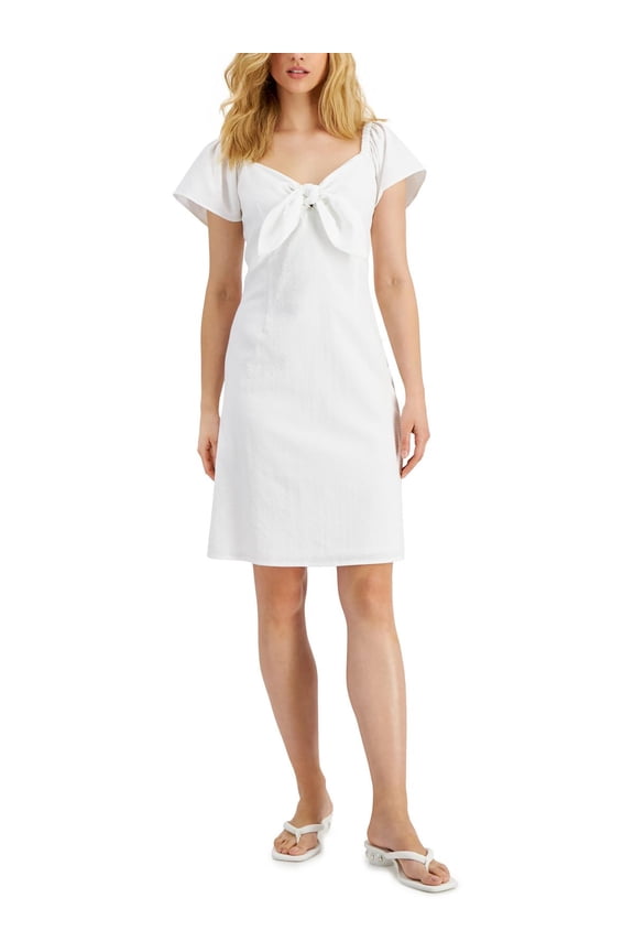 Womens Seersucker Flutter-Sleeve Tie-Front Dress White 14