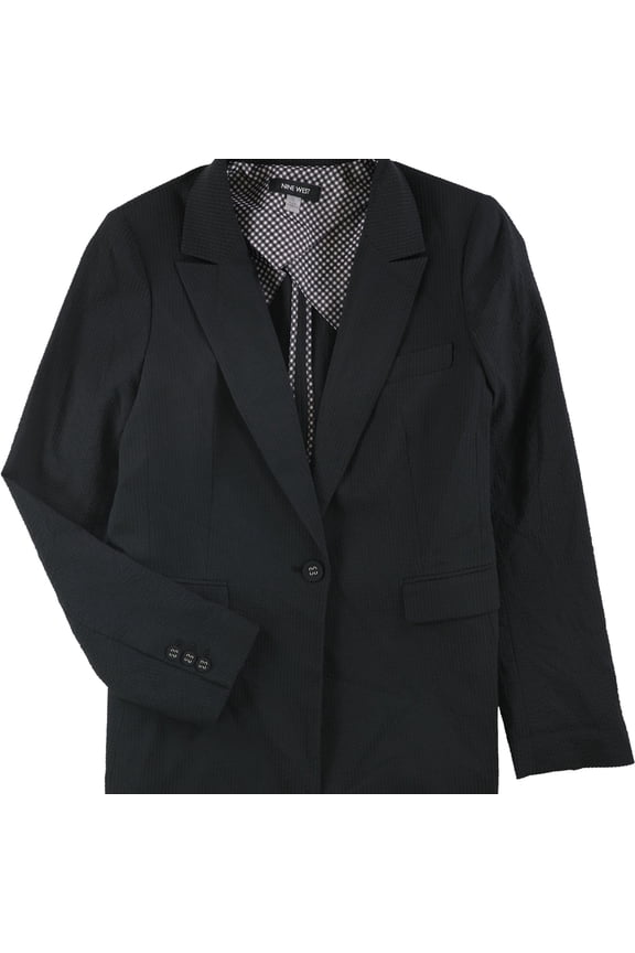 Womens Seersucker One-Button Blazer Jacket, Black, 8