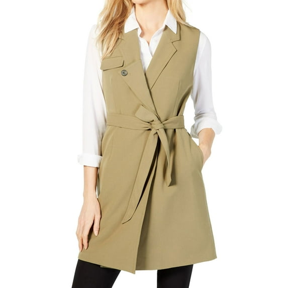 Nine West Womens Tie-Waist Notch-Collar Outerwear Vest, Green, 2