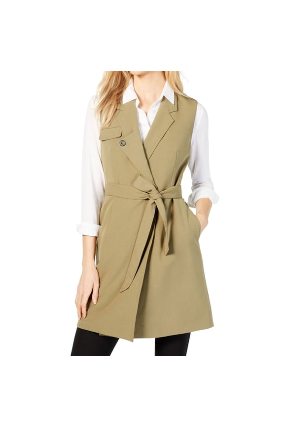 Womens Tie-Waist Notch-Collar Outerwear Vest, Green, 2
