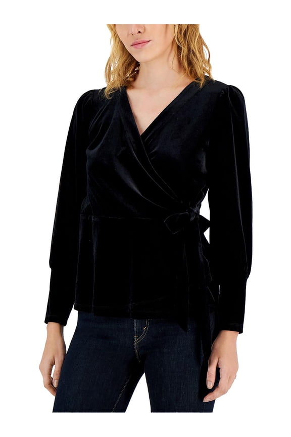 Womens Velvet Faux Wrap Peplum Top