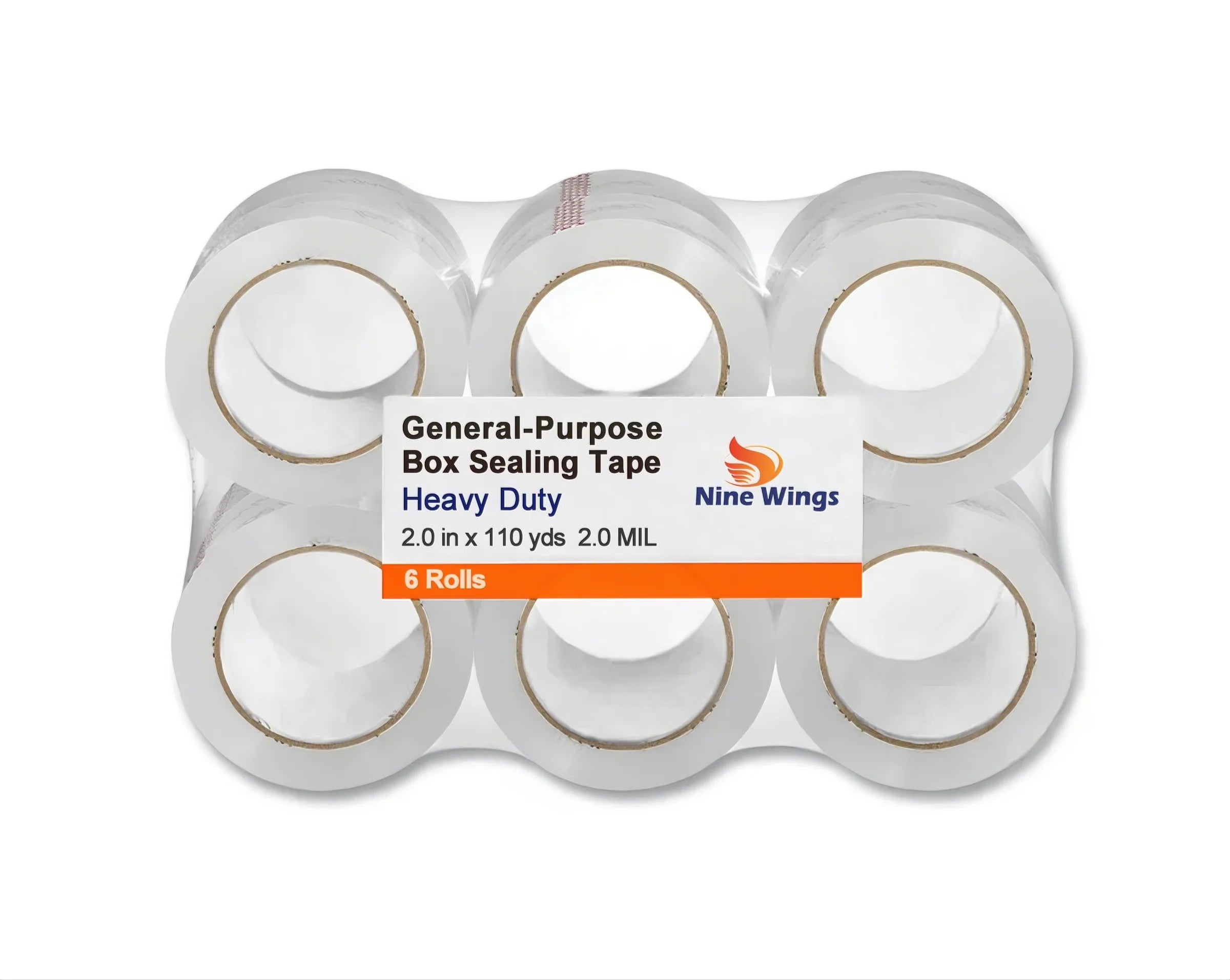 Nine Wings Clear Heavy Duty Packing Tape, 2 in. x 2 mil. x 110yd., 6 Rolls