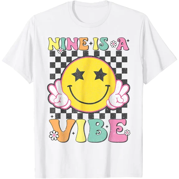 Nine is A Vibe 9th Birthday Groovy Smile Face 9 Years Old T-Shirt