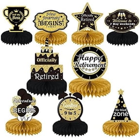 Nine pieces of retirement figurines for birthday party table decoration. Tabletop display for a dinner party. Beehive display tableware with bee hive base.
