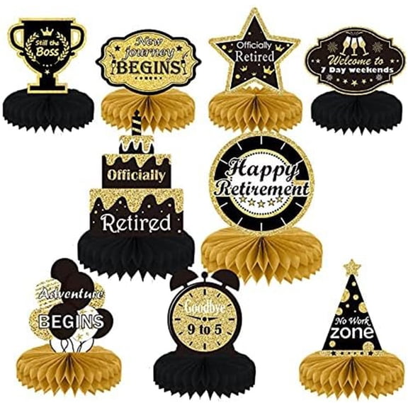 Nine pieces of retirement figurines for birthday party table decoration. Tabletop display for a dinner party. Beehive display tableware with bee hive base.