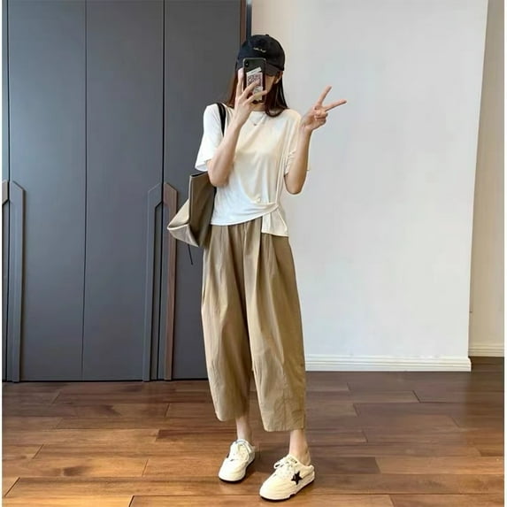 Nine point pants women's summer thin thin thin high waist loose casual cargo Harlan straight leg pants