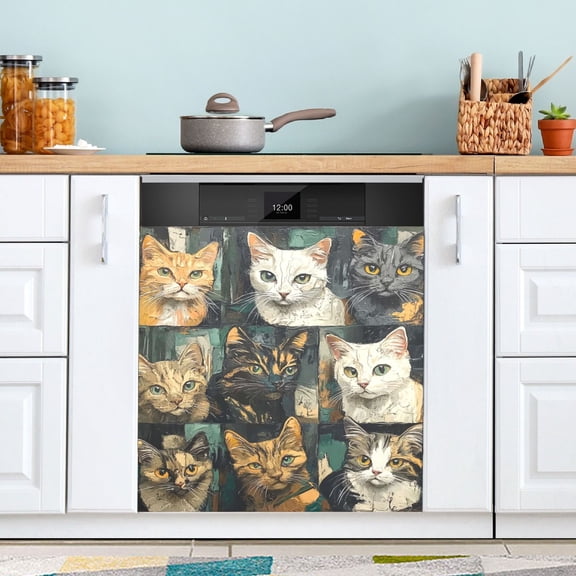Nine-square Grid Cat Dishwasher Magnet Cover Reuseable Refrigerator Magnet Cover Decal Fridge Microwave Stickers Hoilday Party Decor 23 x 26 Inch