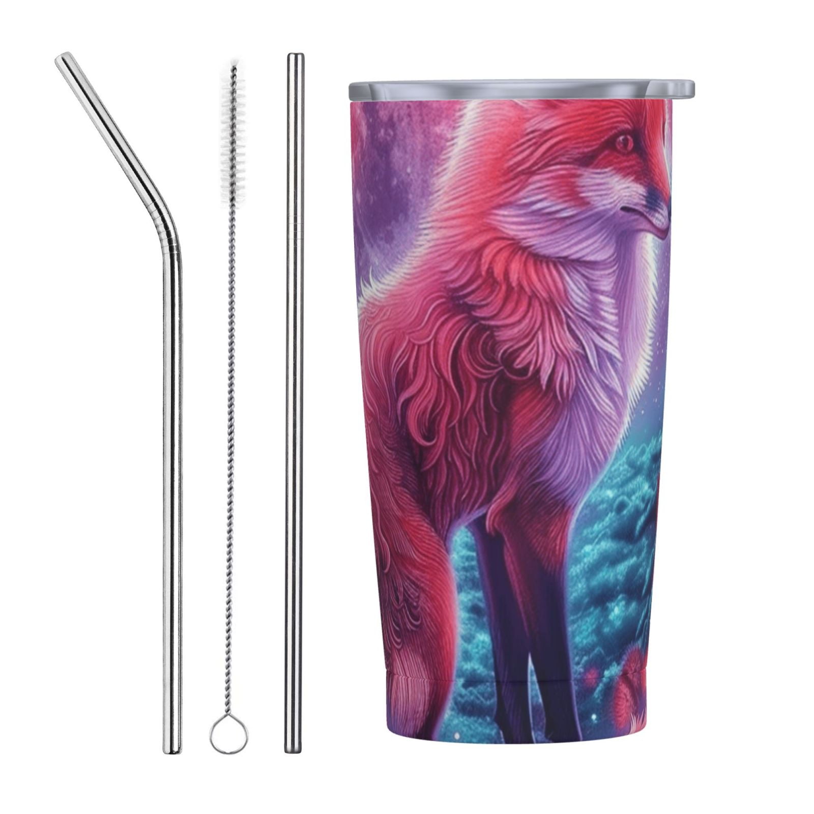 fox under the moon 20 oz stainless steel car cup with straw cover, insulated hot and