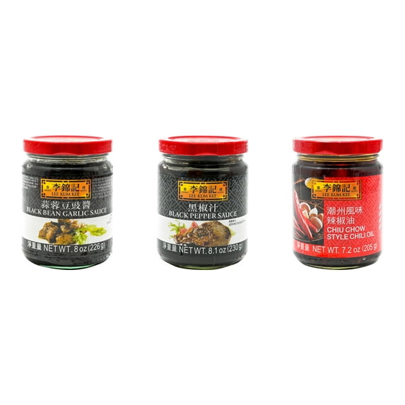 NineChef Brand Spoon Plus 3 Pack Lee Kum Kee Cooking Sauce, 3 Flavors(Black Bean Garlic Sauce,Black Pepper Sauce,Chiu Chow Chili Oil)