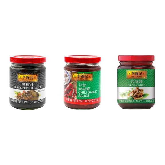 NineChef Brand Spoon Plus 3 Pack Lee Kum Kee Cooking Sauce, 3 Flavors(Black Pepper Sauce,Chili Garlic Sauce,Sa Cha Sauce)