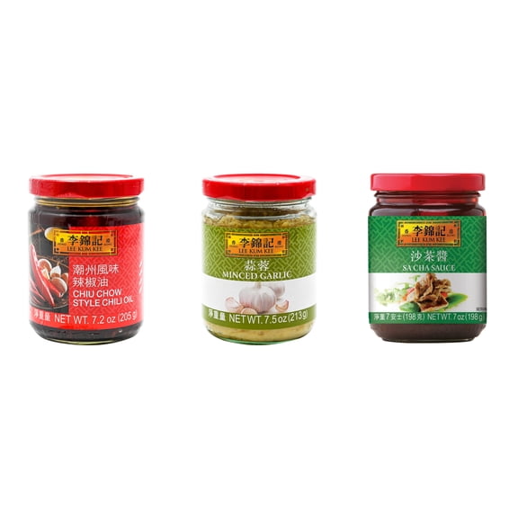 NineChef Brand Spoon Plus 3 Pack Lee Kum Kee Cooking Sauce, 3 Flavors(Chiu Chow Chili Oil,Minced Garlic Sauce,Sa Cha Sauce)