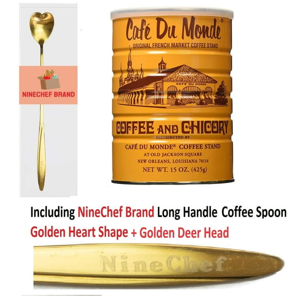 NineChef Brand Spoon Plus Cafe Du Monde Coffee Chicory 15Oz (6 Pack) + 1 NineChef Brand Golden Heart Ice Tea Coffee Long Handel Spoon