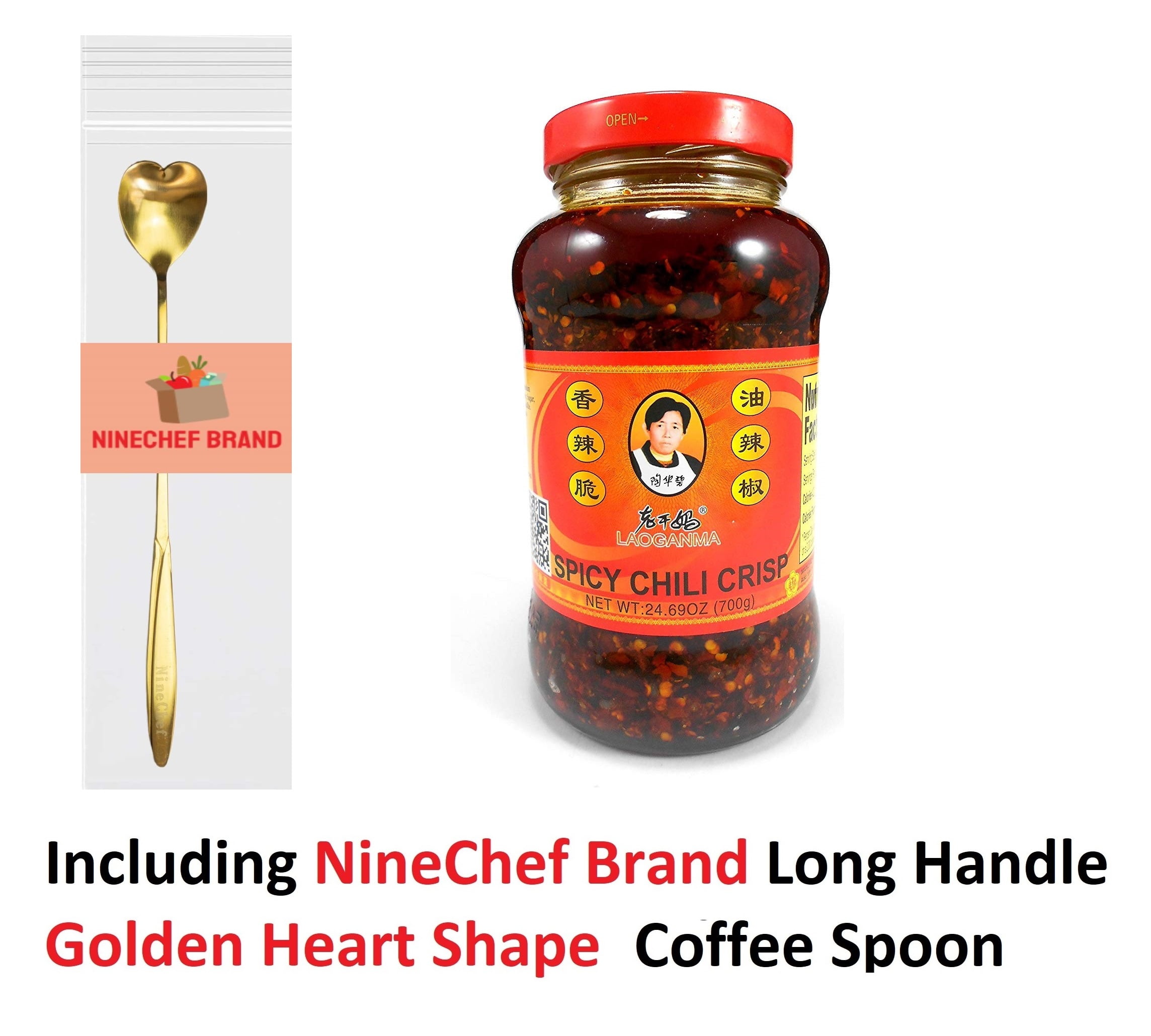 NineChef Brand Spoon Plus  Lao Gan Ma(Laoganma) Spicy Chili Crisp Hot Sauce Family/Restaurant Size 24.69 Oz.(700 g.)  NineChef Brand Long Handle Coffee Spoon