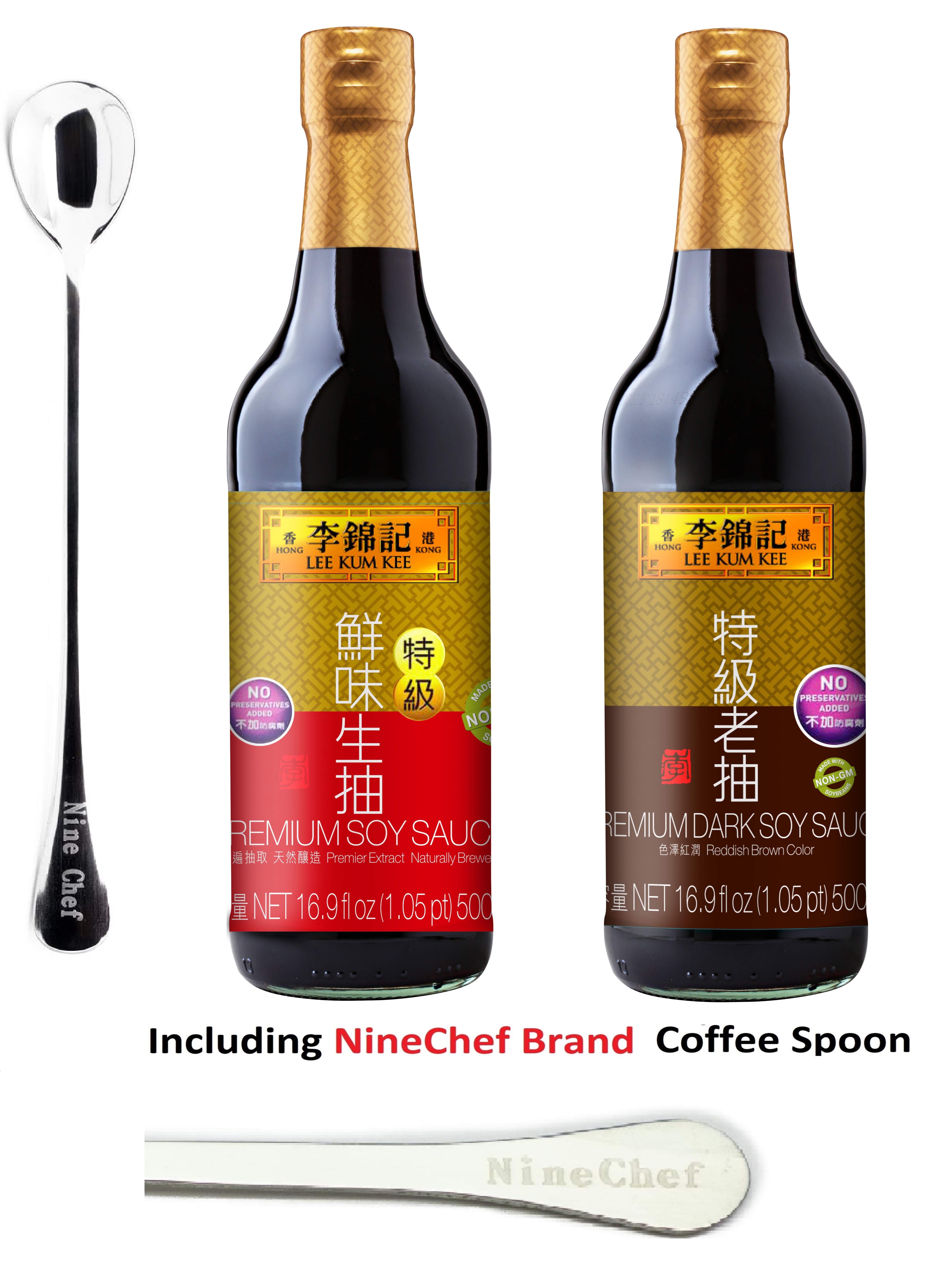 NineChef Brand Spoon Plus Lee Kum Kee Premium Light Soy Sauce 16.9-Ounce Plus Premium Dark Soy Sauce - 16.9 fl. Ounce
