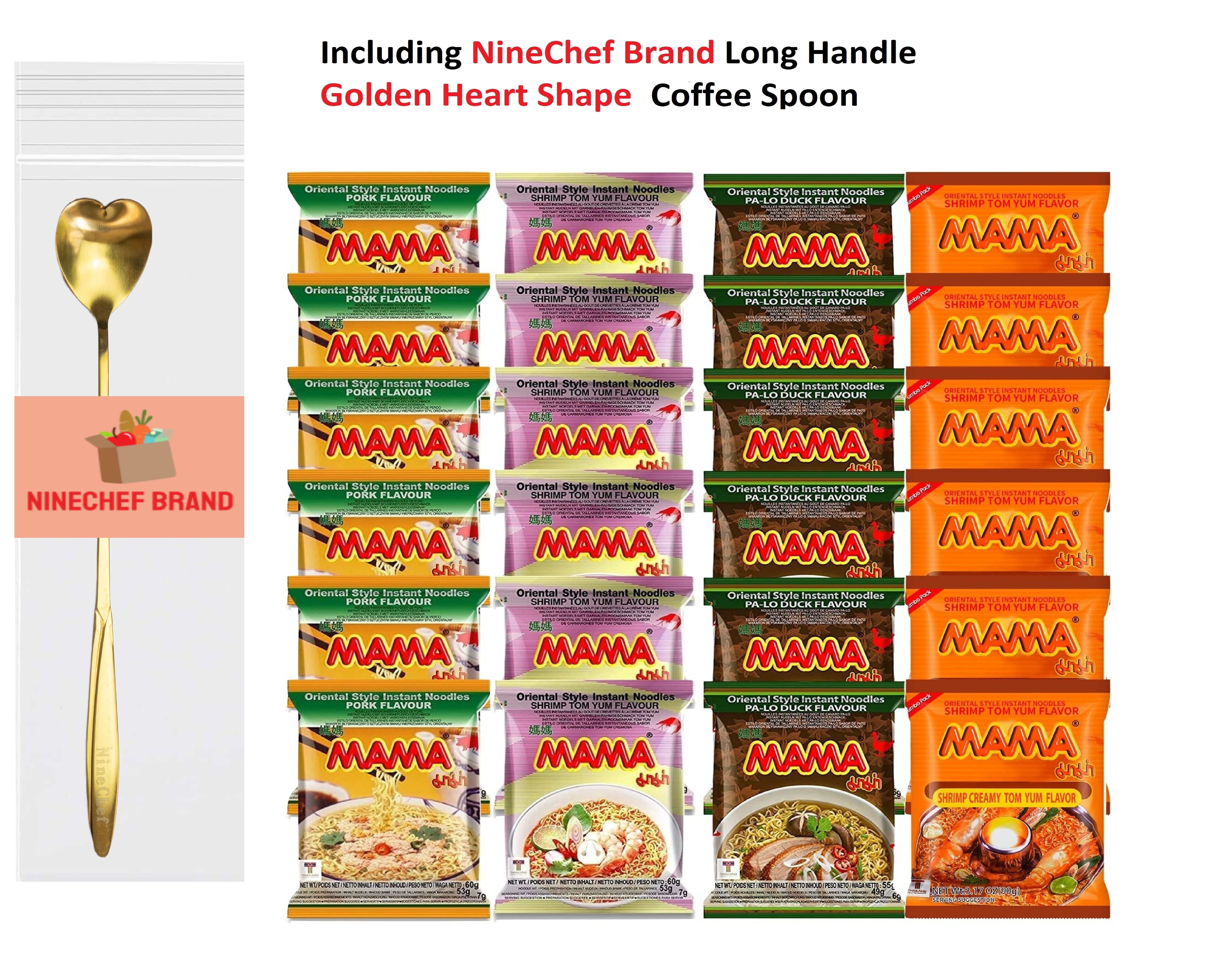 NineChef Brand Spoon Plus Mama Ramen Thai instant Noodle, 4 flavor (Shrimp Tom Yum, Pa Lo Duck, Shrimp Creamy Tom Yum, Pork), each flavor 6 bags Total 24 small bags noodle