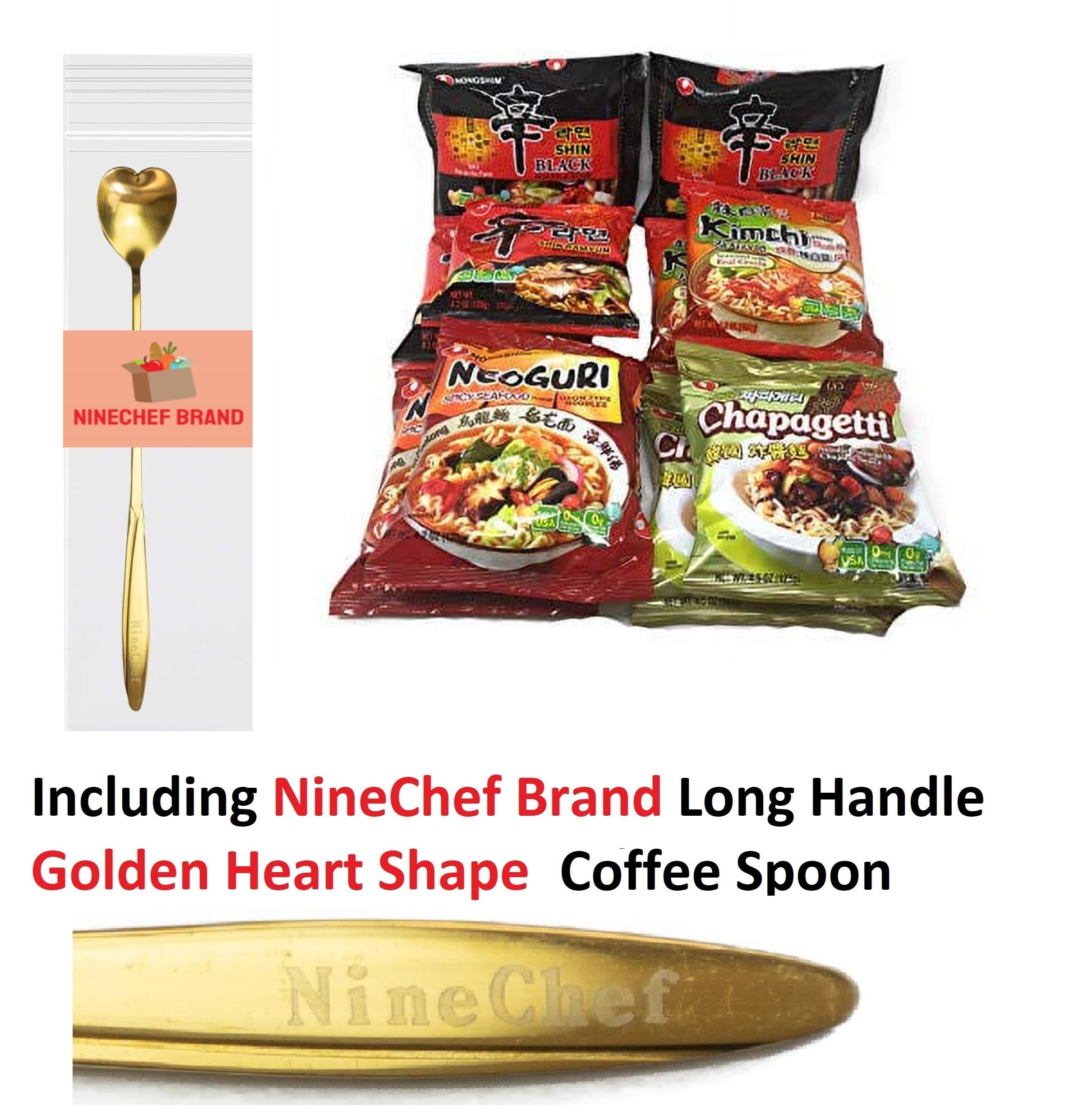 NineChef Brand Spoon Plus New Korean Hit Ramen Variety Pack Nongshim Shin Ramyun Shin Black Shin Ramyun Neoguri Spicy Udon Seafood Spicy Seafood Real Kimchi Flavor 10 Packs 2x Each