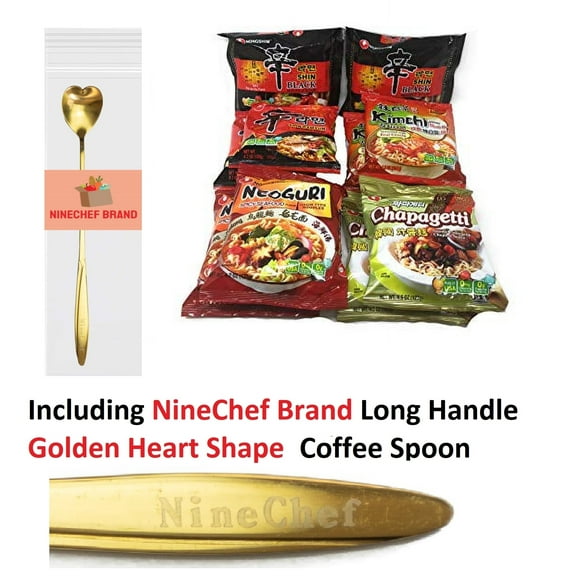NineChef Brand Spoon Plus New Korean Hit Ramen Variety Pack Nongshim Shin Ramyun Shin Black Shin Ramyun Neoguri Spicy Udon Seafood Spicy Seafood Real Kimchi Flavor 10 Packs 2x Each