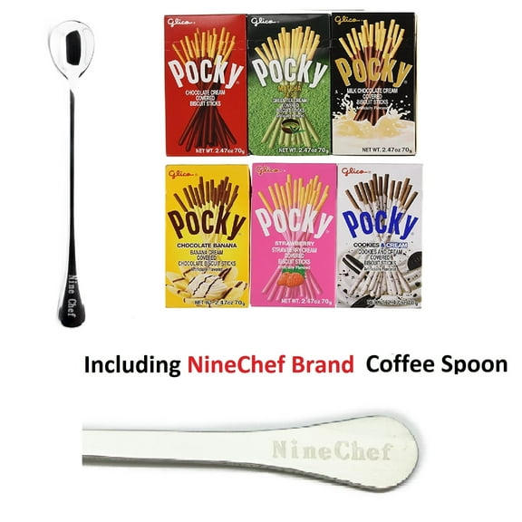 NineChef Brand Spoon Plus Pocky Biscuit Stick 6 Flavor Variety Pack (Pack of 6)