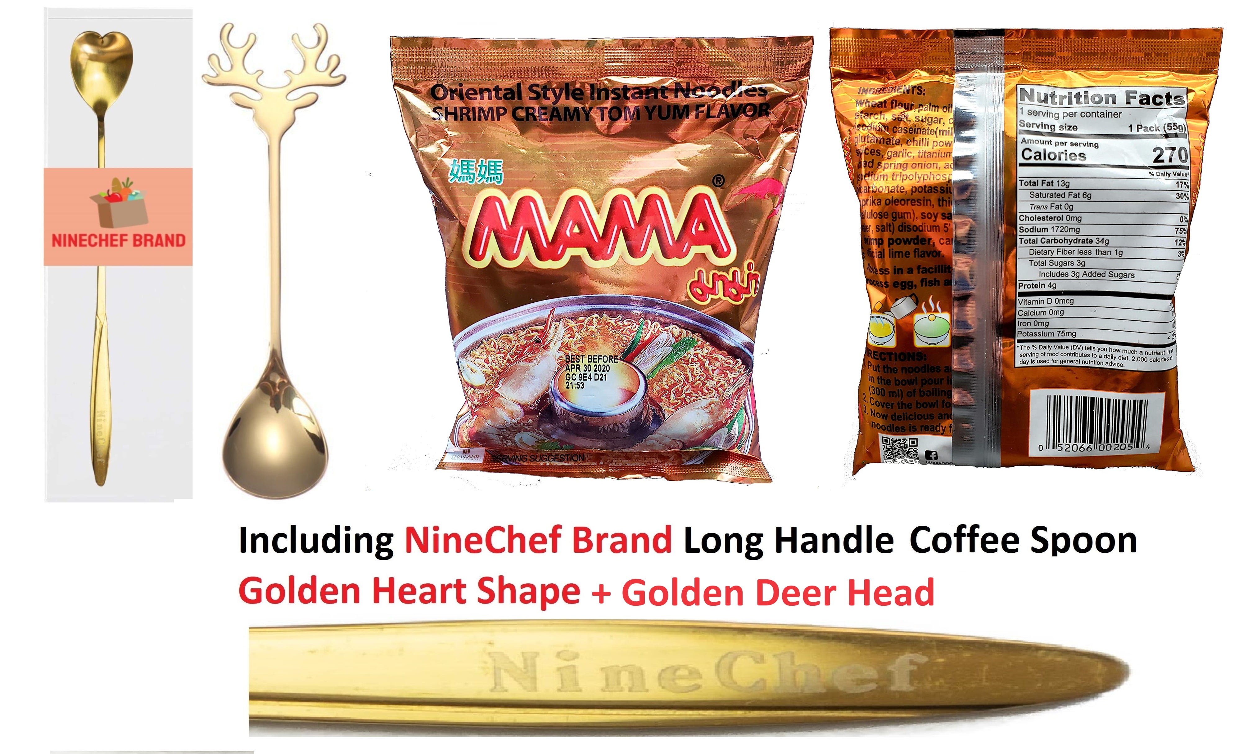 NineChef Bundle - 30BAGS MAMA INSTANT NOODLES SHRIMP CREAMY TOM YUM FLAVOUR + 2 NineChef Brand Long Handle Spoon (Golden Heart andn Deer Head)