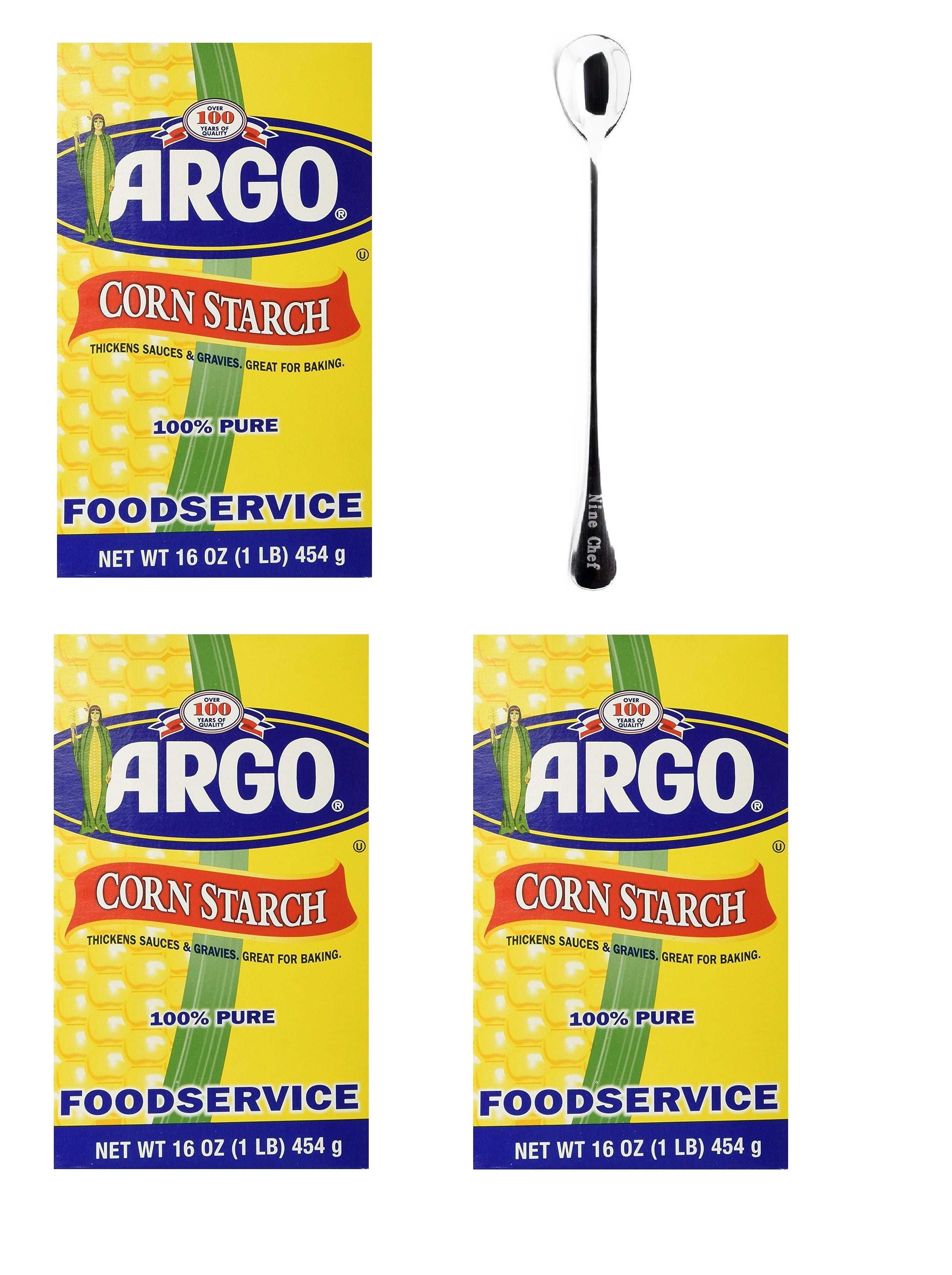 NineChef Bundle - Argo Corn Starch 16 oz. Box (Pack of 3) Plus One NineChef Brand Long Handle Coffee Spoon