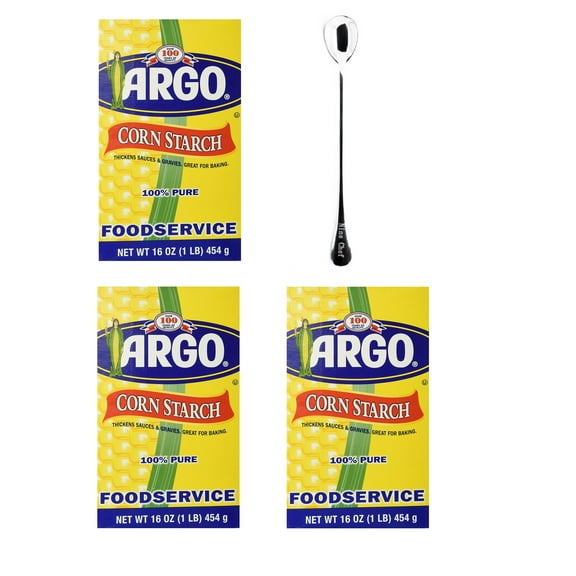 NineChef Bundle - Argo Corn Starch 16 oz. Box (Pack of 3) Plus One NineChef Brand Long Handle Coffee Spoon