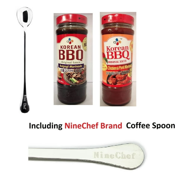 NineChef Bundle - CJ Korean BBQ Sauce 2 Flavor (Hot Spicy Chicken and Pork+ Bulgogi Marinade for Beef) Plus 1 NineChef Brand Coffee Spoon