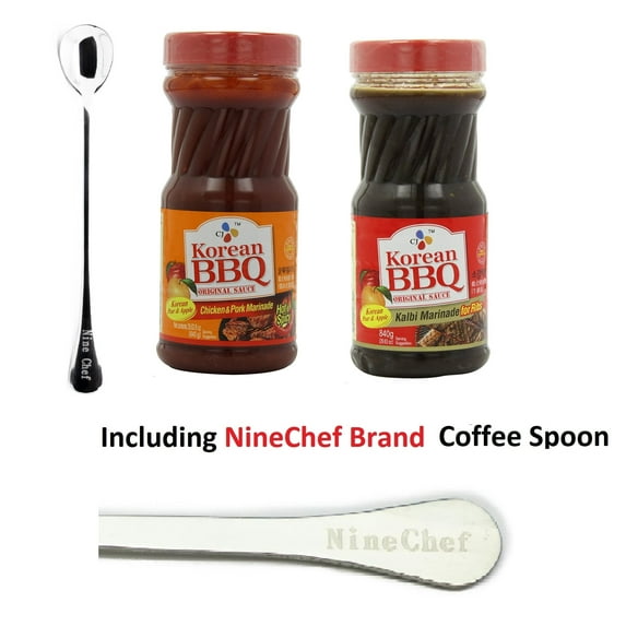 NineChef Bundle - CJ Korean BBQ Sauce 2 Flavor (Hot Spicy Chicken and Pork+ Kalbi Marinade for ribs) Plus 1 NineChef Brand Coffee Spoon