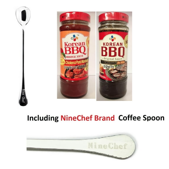 NineChef Bundle - CJ Korean BBQ Sauce 2 Flavor (Hot Spicy Chicken and Pork+ Kalbi Marinade for ribs) Plus 1 NineChef Brand Coffee Spoon