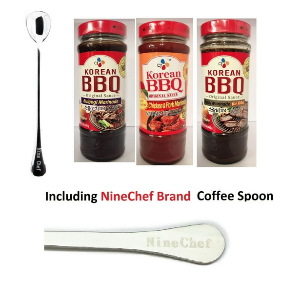 NineChef Bundle - CJ Korean BBQ Sauce 3 Flavors (Hot Spicy Chicken and Pork + Bulgogi Marinade for Beef +Kalbi Marinade for ribs ) Plus 1 NineChef Brand Coffee Spoon