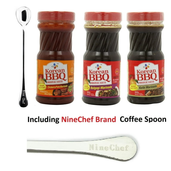 NineChef Bundle - CJ Korean BBQ Sauce 3 Flavors (Hot Spicy Chicken and Pork + Bulgogi Marinade for Beef +Kalbi Marinade for ribs ) Plus 1 NineChef Brand Coffee Spoon