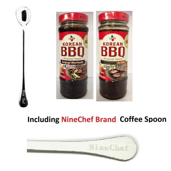 NineChef Bundle - CJ Korean BBQ Sauce 2 Flavor (Bulgogi Marinade for Beef + Kalbi Marinade for ribs ) Plus 1 NineChef Brand Coffee Spoon