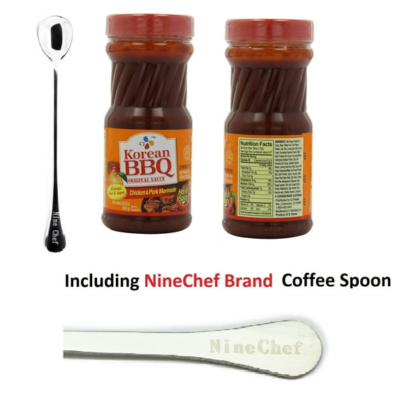NineChef Bundle - CJ Korean BBQ Sauce for Hot Spicy Chicken and Pork (pack 3) Plus 1 NineChef Brand Coffee Spoon