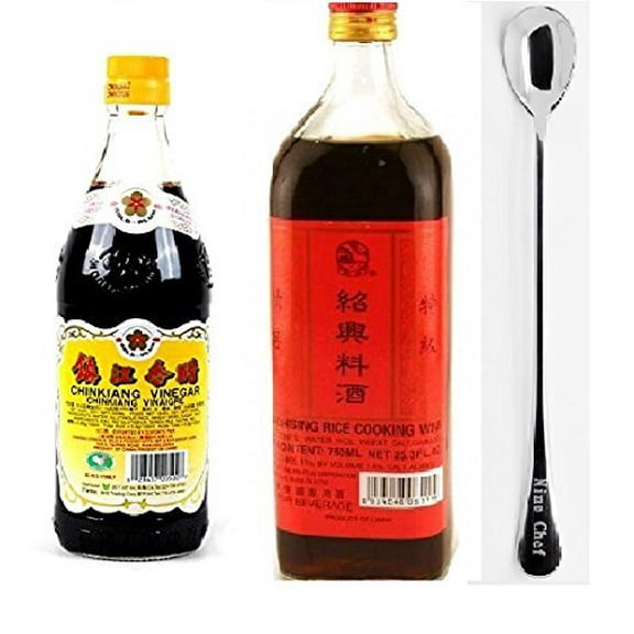 NineChef Bundle - Chinkiang Vinegar + Shaohsing (shaoxing) Rice Cooking Wine 750ml + 1 NineChef Brand Long Handle Spoon